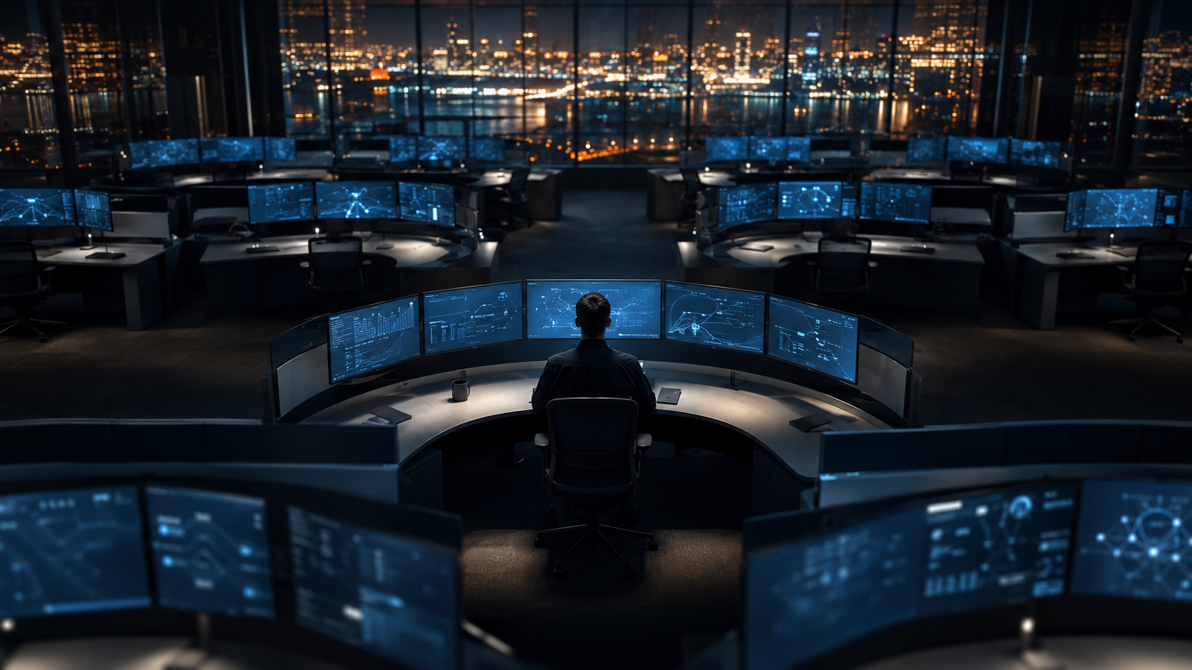 An enterprise operations center at night, with a lone analyst reviewing data streams across multiple monitors in a dimly lit, large-scale workspace — representing the intersection of human judgment and autonomous AI systems in modern business automation.